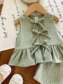 SHEIN LMoss Kids 2pcs Baby Girl Woven Solid Color Round Neck Casual Vest And Shorts Set - Green - View 4