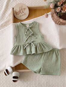 SHEIN LMoss Kids 2pcs Baby Girl Woven Solid Color Round Neck Casual Vest And Shorts Set - Green - View 1