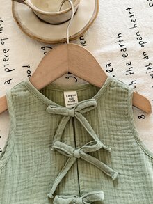 SHEIN LMoss Kids 2pcs Baby Girl Woven Solid Color Round Neck Casual Vest And Shorts Set - Green - View 5