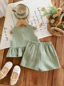 SHEIN LMoss Kids 2pcs Baby Girl Woven Solid Color Round Neck Casual Vest And Shorts Set - Green - View 2