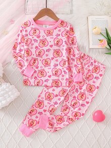 SHEIN 女童甜美公主風淺粉色舒適柔軟修身圓領長袖褲裝兩件套居家休閒睡衣貼身款 - 粉色 - 查看 8