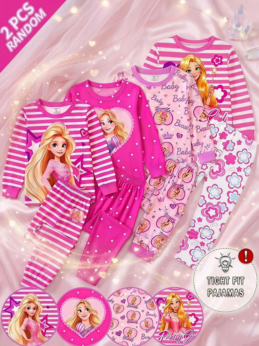 SHEIN Girls Sweet Princess Style Light Pink Comfortable Soft Fitted Round Neck Long Sleeve Pants 2 Pieces Set Loungewear Pajamas Snug Fit