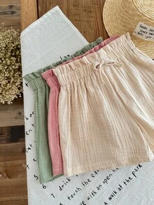 SHEIN LMoss Kids LMoss 女童三件套休闲夏季套装：梭织柔软双层纱褶边短裤，松紧腰带，纯色，百搭透气 - 彩色 - 查看 4
