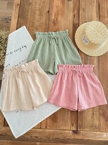 SHEIN LMoss Kids LMoss 女童三件套休闲夏季套装：梭织柔软双层纱褶边短裤，松紧腰带，纯色，百搭透气 - 彩色 - 查看 6