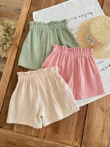 SHEIN LMoss Kids LMoss 女童三件套休闲夏季套装：梭织柔软双层纱褶边短裤，松紧腰带，纯色，百搭透气 - 彩色 - 查看 2
