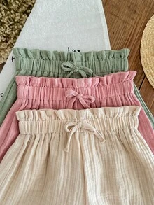 SHEIN LMoss Kids LMoss 女童三件套休闲夏季套装：梭织柔软双层纱褶边短裤，松紧腰带，纯色，百搭透气 - 彩色 - 查看 3