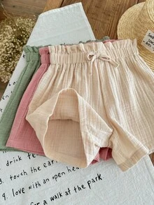 SHEIN LMoss Kids LMoss 女童三件套休闲夏季套装：梭织柔软双层纱褶边短裤，松紧腰带，纯色，百搭透气 - 彩色 - 查看 5