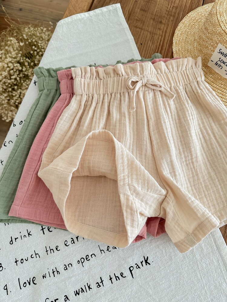 SHEIN LMoss Kids LMoss Young Girl's 3pcs Casual Summer Set: Woven Soft Dual-Layered Gauze Ruffle Shorts With Elastic Waist, Solid Color, Versatile And Breezy - Multicolor - View 5