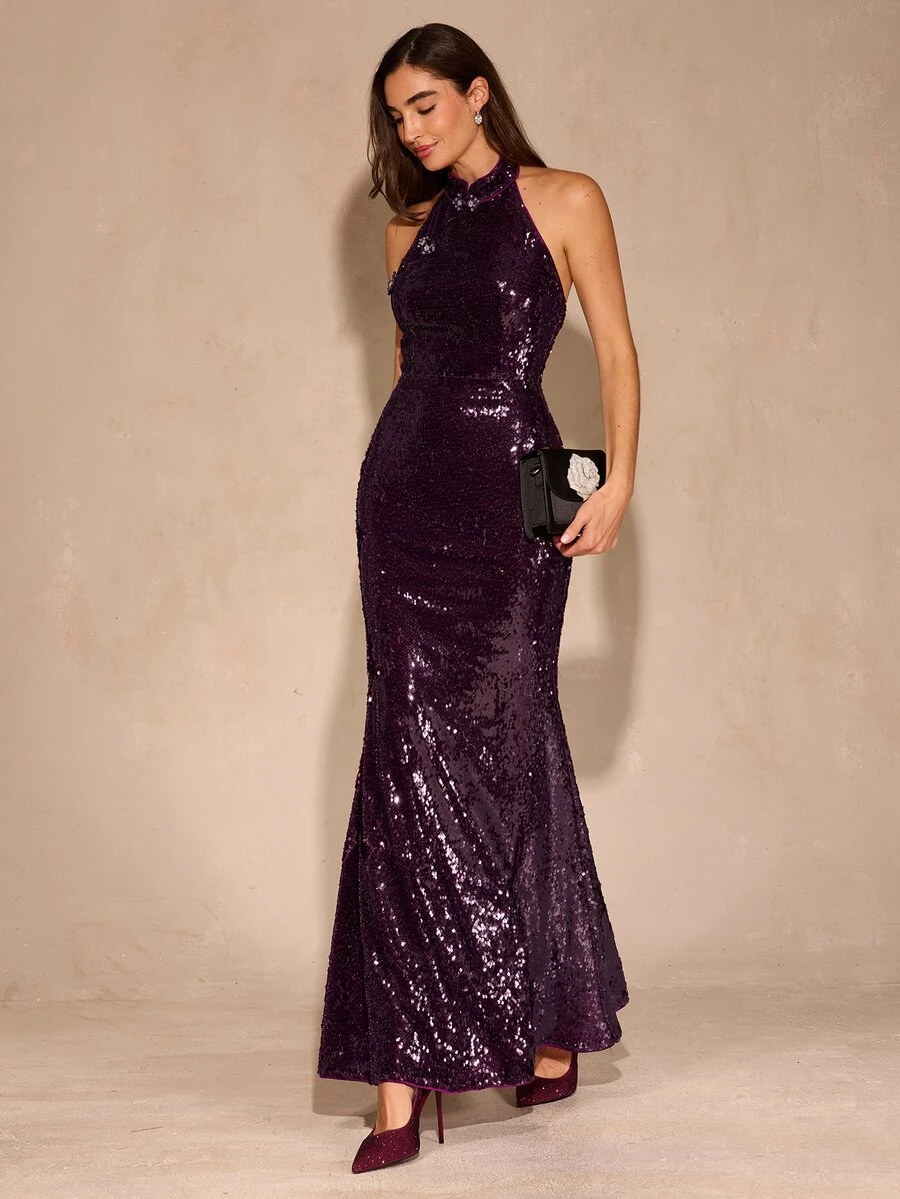 Enchnt Premium Fall Winter Romantic Women's Elegant Purple Sequin Party Dress,Cheongsam,New Chinese Style,Halloween,New Year,Christmas,Festival Outfit