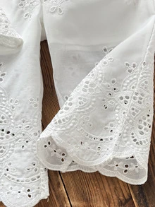 SHEIN LMoss Kids Baby Girl Baby Girl Baby Girl Woven Solid Color Embroidered Round Neck Ruffle Trim Tank Top & Long Pants 2-Piece Set - White - View 5