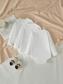 SHEIN LMoss 3pcs/Set Newborn Baby Girl Cozy Knit Solid Color Ruffled Bodysuit Set, Autumn - White - View 2