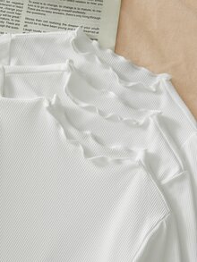 SHEIN LMoss 3pcs/Set Newborn Baby Girl Cozy Knit Solid Color Ruffled Bodysuit Set, Autumn - White - View 3