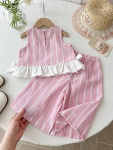 SHEIN LMoss Kids Baby Girl Cute Striped Bow Tie Camisole And Casual Pants Set - Multicolor - View 2
