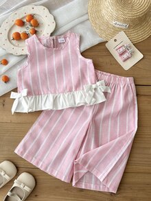 SHEIN LMoss Kids Baby Girl Cute Striped Bow Tie Camisole And Casual Pants Set - Multicolor - View 4
