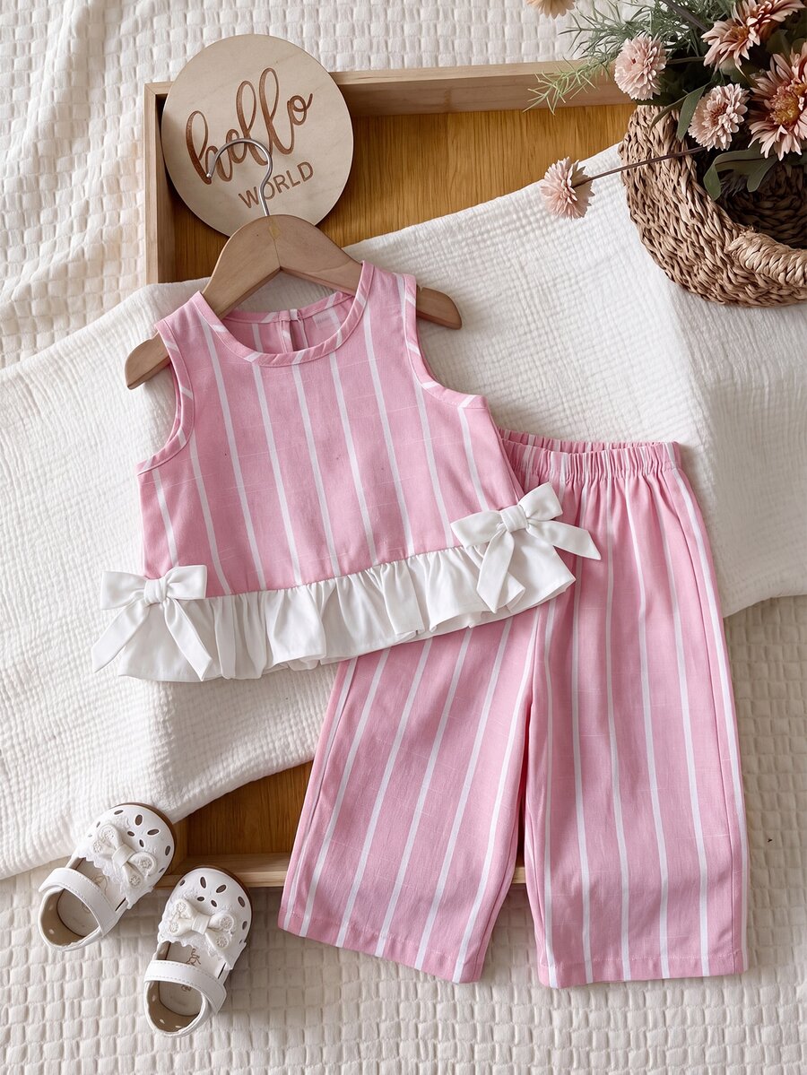 SHEIN LMoss Kids Baby Girl Cute Striped Bow Tie Camisole And Casual Pants Set - Multicolor - View 1