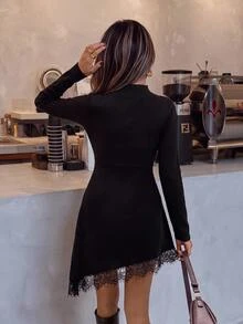 Serisse Women's Solid Color Long Sleeve Contrast Lace Asymmetric Hem Knit Dress,Fall/Winter Elegant Formal Luxury Business Chic Basic Christmas - Black - View 11