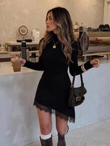 Serisse Women's Solid Color Long Sleeve Contrast Lace Asymmetric Hem Knit Dress,Fall/Winter Elegant Formal Luxury Business Chic Basic Christmas - Black - View 10