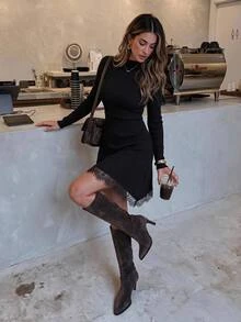 Serisse Women's Solid Color Long Sleeve Contrast Lace Asymmetric Hem Knit Dress,Fall/Winter Elegant Formal Luxury Business Chic Basic Christmas - Black - View 12