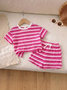 SHEIN LMoss Kids 2pcs Baby Girl Knitted Striped Round Neck T-Shirt And Shorts Set - Hot Pink - View 1