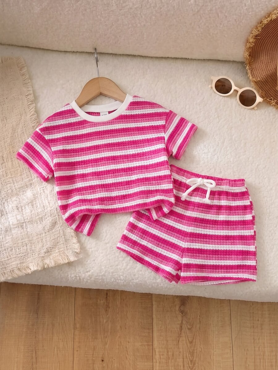 SHEIN LMoss Kids 2pcs Baby Girl Knitted Striped Round Neck T-Shirt And Shorts Set - Hot Pink - View 1