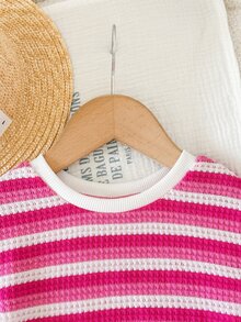 SHEIN LMoss Kids 2pcs Baby Girl Knitted Striped Round Neck T-Shirt And Shorts Set - Hot Pink - View 4