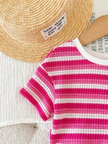 SHEIN LMoss Kids 2pcs Baby Girl Knitted Striped Round Neck T-Shirt And Shorts Set - Hot Pink - View 6