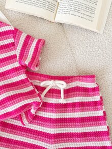SHEIN LMoss Kids 2pcs Baby Girl Knitted Striped Round Neck T-Shirt And Shorts Set - Hot Pink - View 5