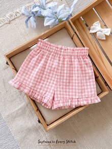 SHEIN LMoss Kids Babygirl Cute Plaid Elastic Waist Shorts, Versatile For Summer - Pink - View 1