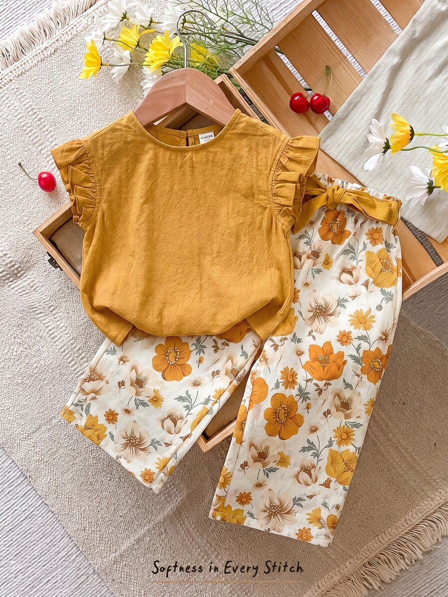 SHEIN LMoss Kids 2件套女婴纯色圆领休闲背心和碎花裤套装 - 黃色 - 查看 1