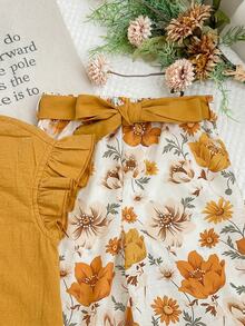 SHEIN LMoss Kids 2件套女婴纯色圆领休闲背心和碎花裤套装 - 黃色 - 查看 3