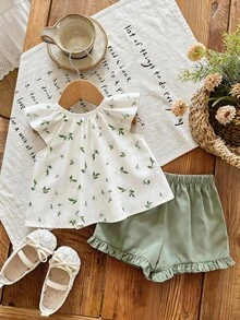 SHEIN LMoss Kids Newborn Baby Girl Floral Embroidery Pattern Short Sleeve Top And White Sage Green Shorts Set, Summer Cute - Multicolor - View 2