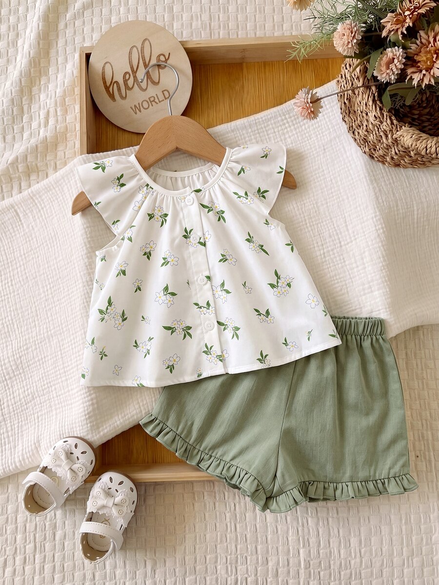 SHEIN LMoss Kids Newborn Baby Girl Floral Embroidery Pattern Short Sleeve Top And White Sage Green Shorts Set, Summer Cute - Multicolor - View 1