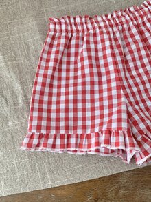 SHEIN LMoss 女婴休闲红色格子松紧腰短裤，夏季 - 紅白色 - 查看 4