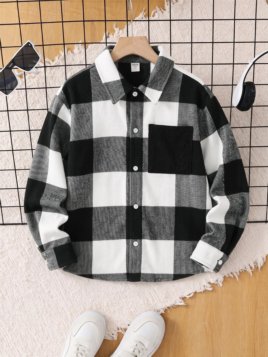 SHEIN Kids Tween Boy Casual Daily Comfortable Plaid Turn-Down Collar Loose Long Sleeve Woven Button-Up Shirt - Black and White - View 1