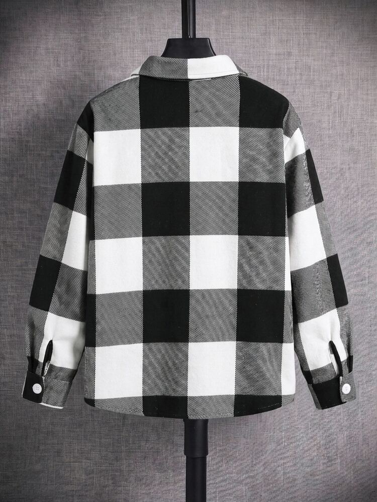 SHEIN Kids Tween Boy Casual Daily Comfortable Plaid Turn-Down Collar Loose Long Sleeve Woven Button-Up Shirt - Black and White - View 2