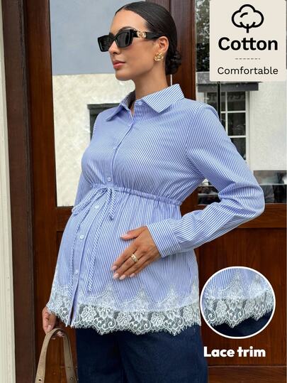 MaterniWear Camisa casual de maternidad con patchwork de encaje y rayas para uso diario y salidas en otoño