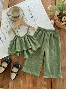 SHEIN LMoss Kids LMoss 2pcs Baby Girl Woven Solid Color Camisole Top And Long Pants Set Green Two Pieces Set Baby Girl Green Two Pieces Set, Baby Girl - Multicolor - View 3