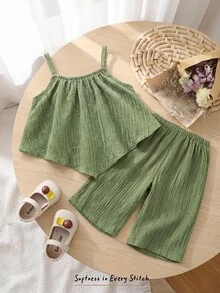 SHEIN LMoss Kids LMoss 2pcs Baby Girl Woven Solid Color Camisole Top And Long Pants Set Green Two Pieces Set Baby Girl Green Two Pieces Set, Baby Girl - Multicolor - View 1