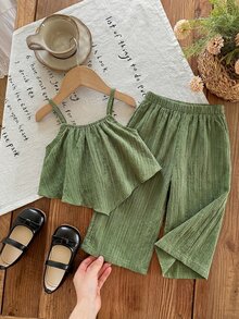 SHEIN LMoss Kids LMoss 2pcs Baby Girl Woven Solid Color Camisole Top And Long Pants Set Green Two Pieces Set Baby Girl Green Two Pieces Set, Baby Girl - Multicolor - View 2