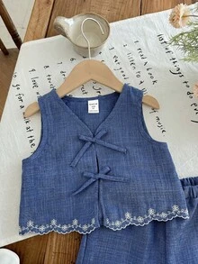 SHEIN LMoss Kids 两件套女童纯色编织休闲背心和短裤套装 - 藍色 - 查看 3