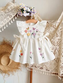SHEIN LMoss Kids 女婴花卉图案荷叶边领休闲针织连衣裙 - 白色 - 查看 1