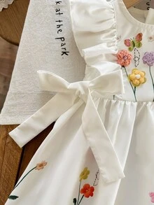 SHEIN LMoss Kids 女婴花卉图案荷叶边领休闲针织连衣裙 - 白色 - 查看 4