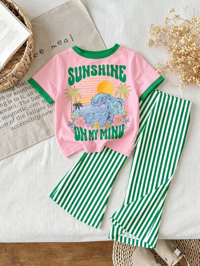 SHEIN LMoss Kids 復古時尚可愛海灘度假印花，粉色+白色+綠色拼色條紋，閨蜜穿搭，女嬰休閒極簡短袖圓領T恤與喇叭長褲套裝，適合春夏
