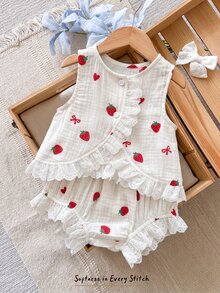 SHEIN LMoss Kids LMoss 女婴草莓蝴蝶结上衣短裤两件套，女婴草莓服装，草莓婴儿套装，亚麻材质，100%纯棉，两件套女婴套装，可爱复古风 - 彩色 - 查看 1
