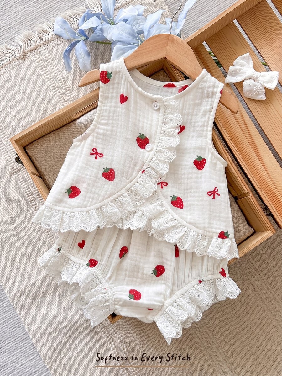 SHEIN LMoss Kids LMoss 女婴草莓蝴蝶结上衣短裤两件套,女婴草莓服装,草莓婴儿套装,亚麻材质,100%纯棉,两件套女婴套装,可爱复古风 - 彩色 - 查看 1