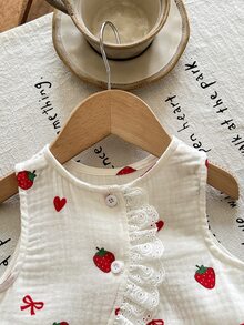 SHEIN LMoss Kids LMoss 女婴草莓蝴蝶结上衣短裤两件套，女婴草莓服装，草莓婴儿套装，亚麻材质，100%纯棉，两件套女婴套装，可爱复古风 - 彩色 - 查看 4