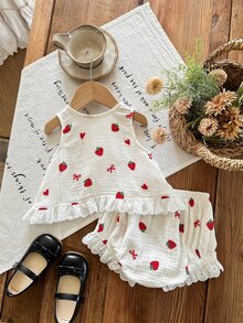 SHEIN LMoss Kids LMoss 女婴草莓蝴蝶结上衣短裤两件套，女婴草莓服装，草莓婴儿套装，亚麻材质，100%纯棉，两件套女婴套装，可爱复古风 - 彩色 - 查看 3