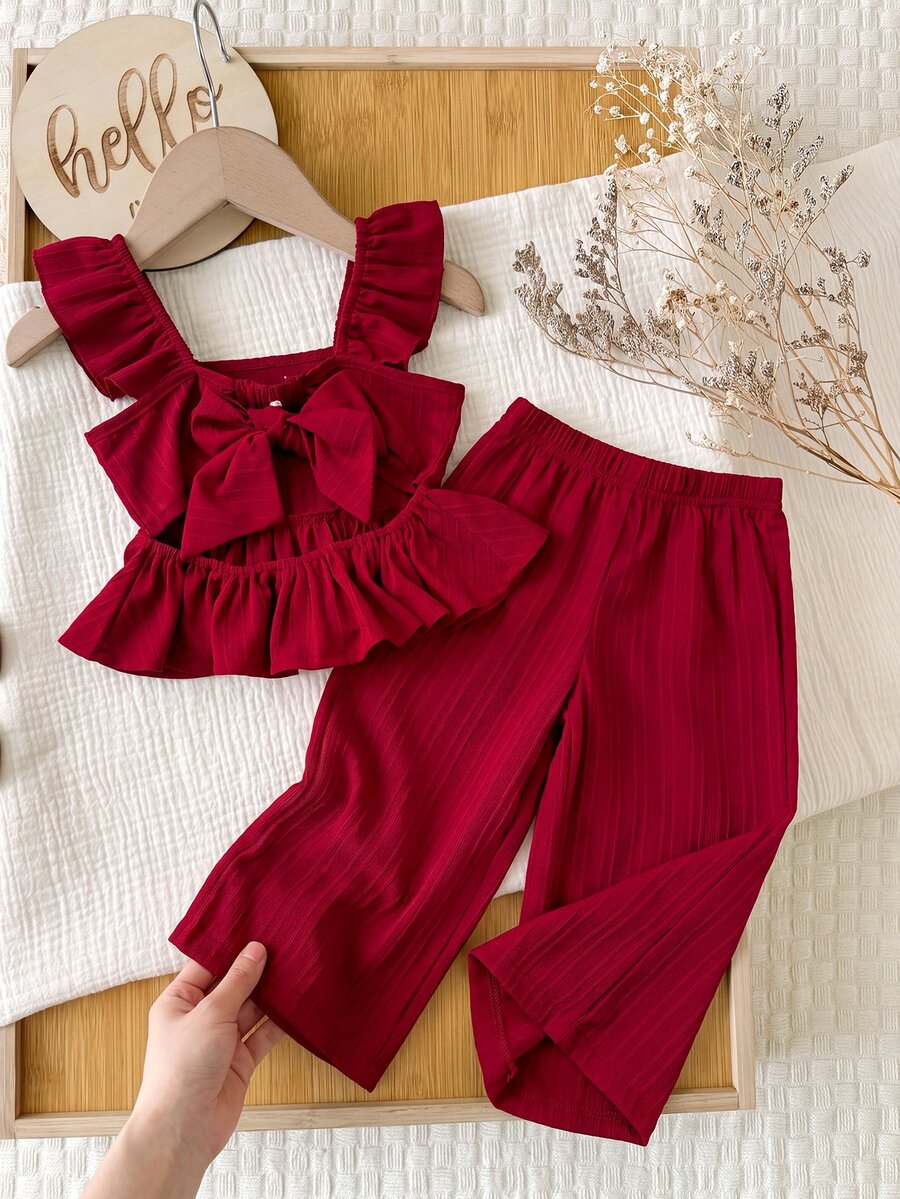 SHEIN LMoss Kids LMoss 紅色短袖上衣與短褲套裝,夏季 7 歲女孩 2 件式優雅褲裝套裝,後背蝴蝶結設計,休閒度假風純色長褲 - 紅色 - 查看 1