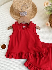 SHEIN LMoss Kids 2件組女嬰針織純色圓領荷葉邊上衣與短褲套裝 - 紅色 - 查看 5