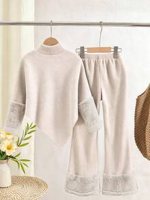 SHEIN Tween Girls Beige Asymmetric Rib Knit Top And Flared Pants Set Long Sleeve Fuzzy Trim Autumn Winter Outfit - Apricot - View 2